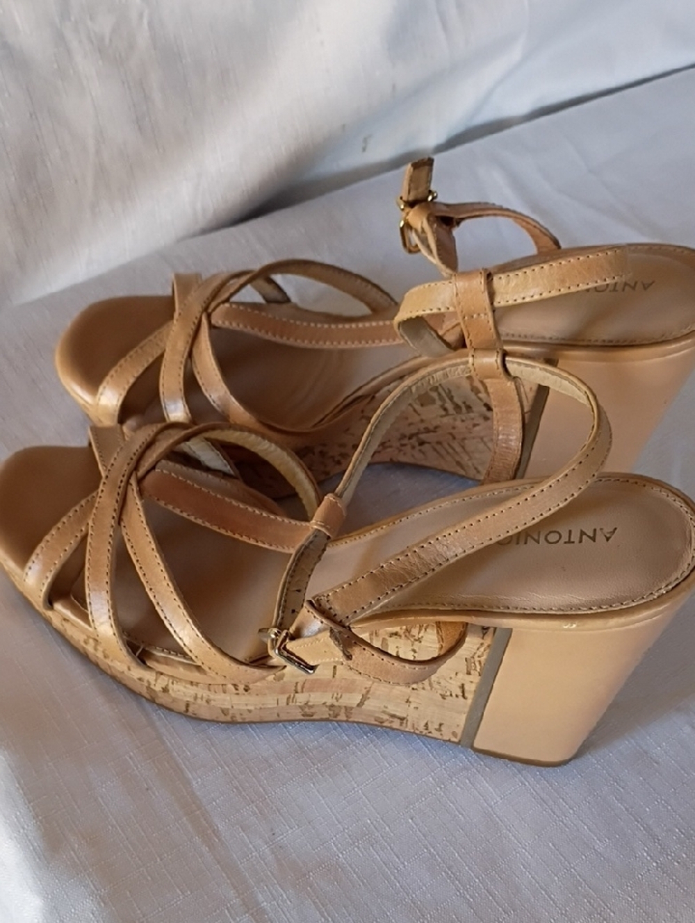 ANTONIO MELANI Beige Tan Strappy Cork Wedge Sandals - Picture 4 of 10